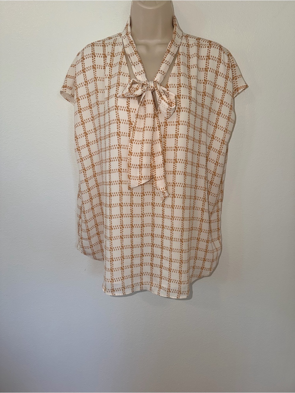 Ann Taylor Cream Blouse with Tan Grid Tie-Neck